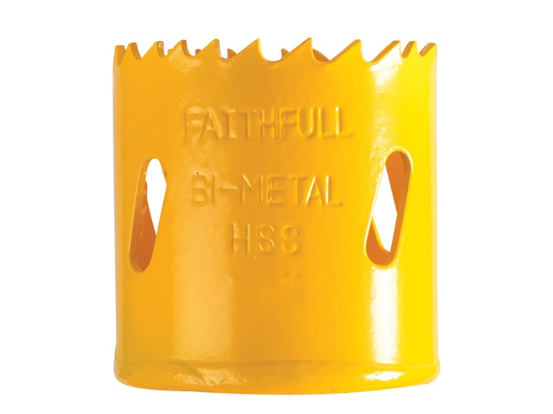 A bi-metal 44mm hole saw with hardened teeth and a centre drill-bit pilot, for cutting large-diameter holes in timber, metal, and plastic.