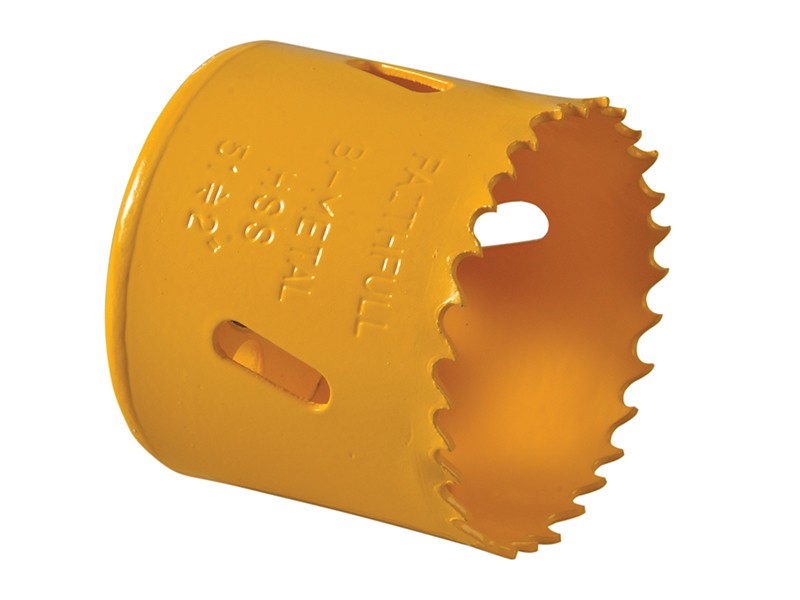 A bi-metal 51mm hole saw with hardened teeth and a centre drill-bit pilot, for cutting large-diameter holes in timber, metal, and plastic.