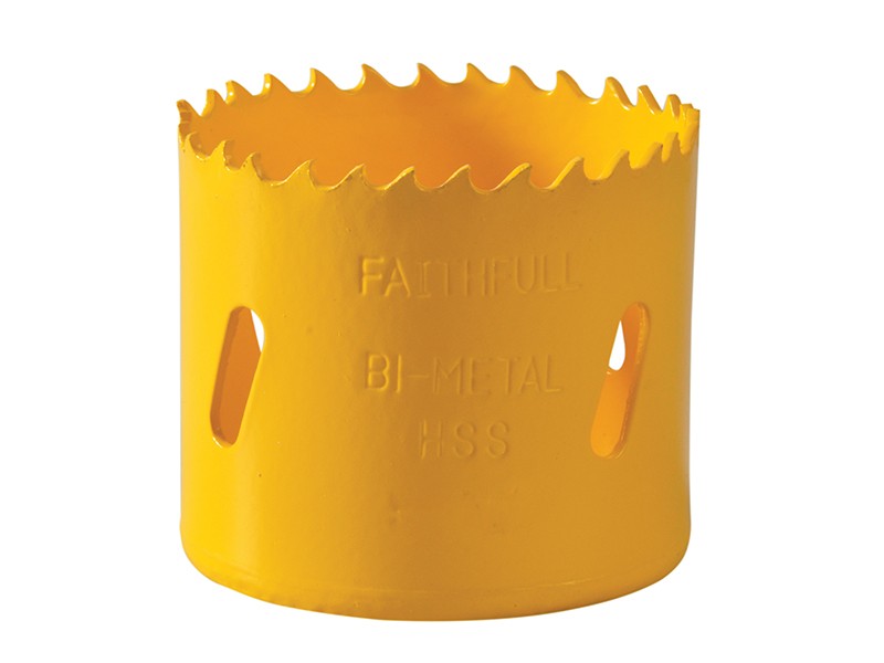 A bi-metal 56mm hole saw with hardened teeth and a centre drill-bit pilot, for cutting large-diameter holes in timber, metal, and plastic.