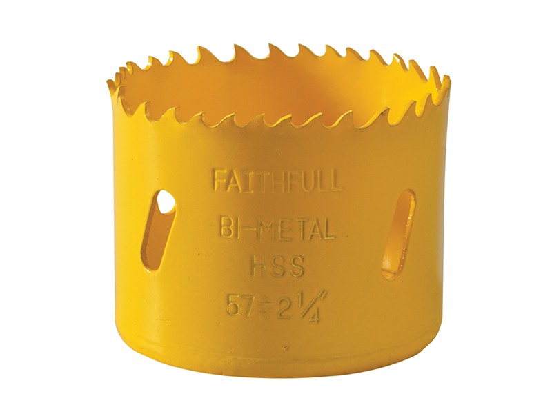 A bi-metal 57mm hole saw with hardened teeth and a centre drill-bit pilot, for cutting large-diameter holes in timber, metal, and plastic.