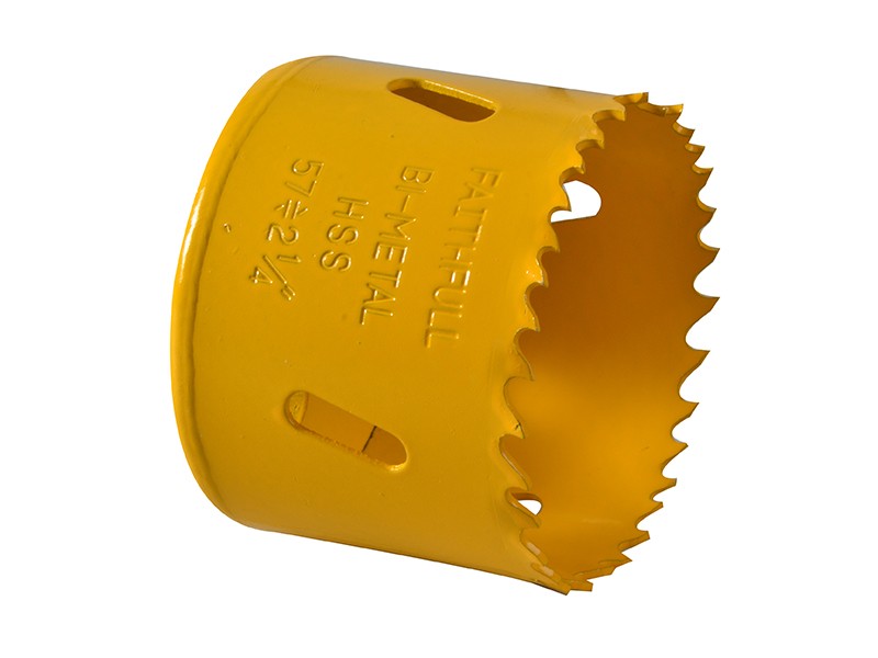 A bi-metal 57mm hole saw with hardened teeth and a centre drill-bit pilot, for cutting large-diameter holes in timber, metal, and plastic.