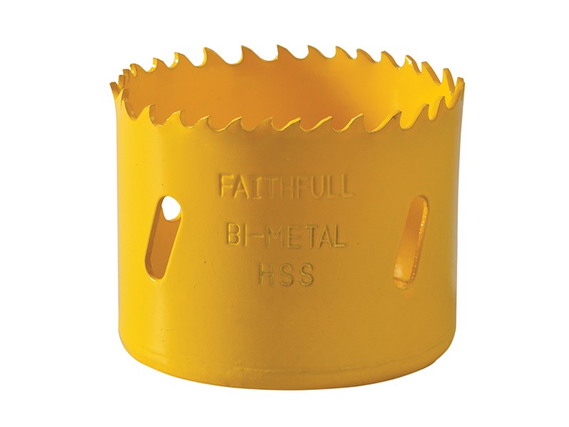 A bi-metal 64mm hole saw with hardened teeth and a centre drill-bit pilot, for cutting large-diameter holes in timber, metal, and plastic.