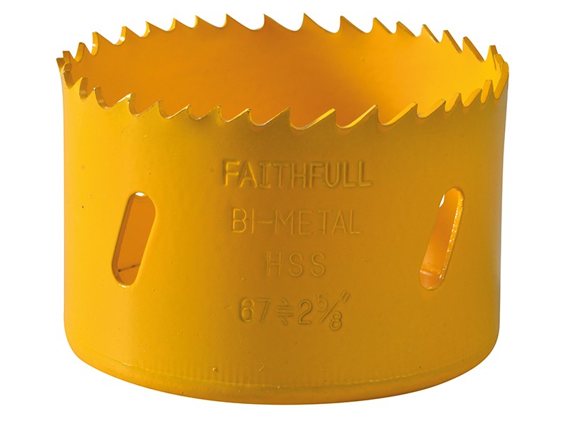 A bi-metal 67mm hole saw with hardened teeth and a centre drill-bit pilot, for cutting large-diameter holes in timber, metal, and plastic.