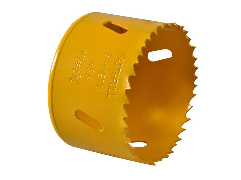 A bi-metal 67mm hole saw with hardened teeth and a centre drill-bit pilot, for cutting large-diameter holes in timber, metal, and plastic.