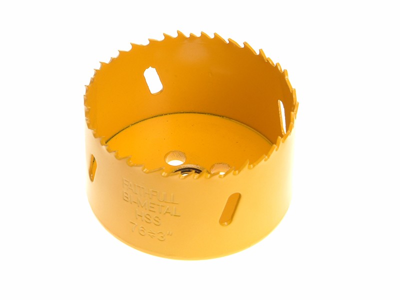 A bi-metal 76mm hole saw with hardened teeth and a centre drill-bit pilot, for cutting large-diameter holes in timber, metal, and plastic.