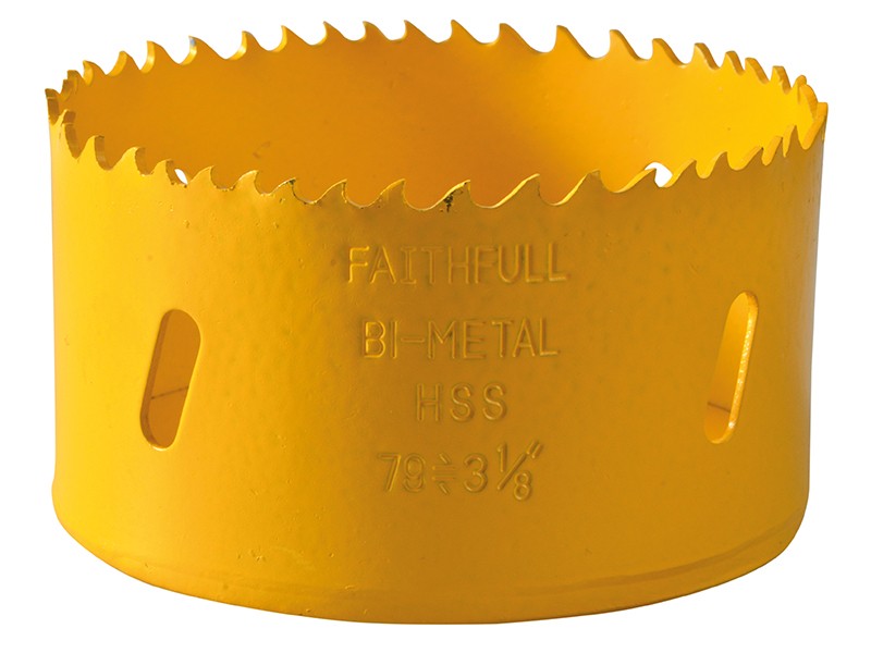 A bi-metal 79mm hole saw with hardened teeth and a centre drill-bit pilot, for cutting large-diameter holes in timber, metal, and plastic.