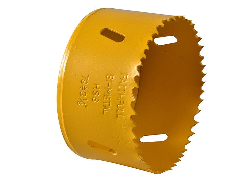 A bi-metal 79mm hole saw with hardened teeth and a centre drill-bit pilot, for cutting large-diameter holes in timber, metal, and plastic.
