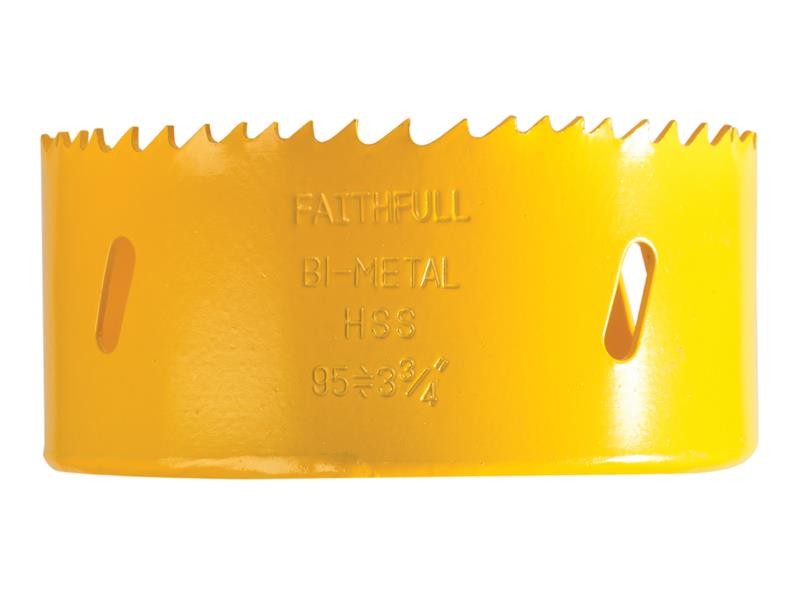 A bi-metal 95mm hole saw with hardened teeth and a centre drill-bit pilot, for cutting large-diameter holes in timber, metal, and plastic.