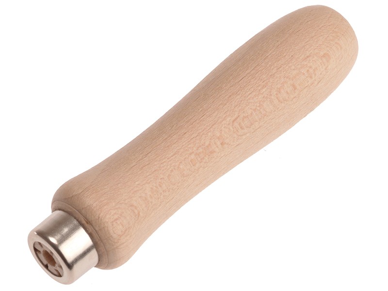 A Faithfull needle file with a hardened steel abrasive surface and a turned wooden or synthetic handle, for shaping and deburring metal.
