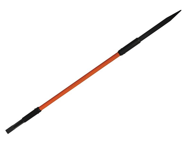 A hardened steel crowbar with a curved prying end and a pointed chisel tip, designed for levering, prying, and demolition work.