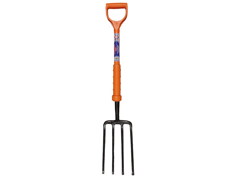 A garden fork with four metal tines, an orange handle, and a D-shaped grip at the top.