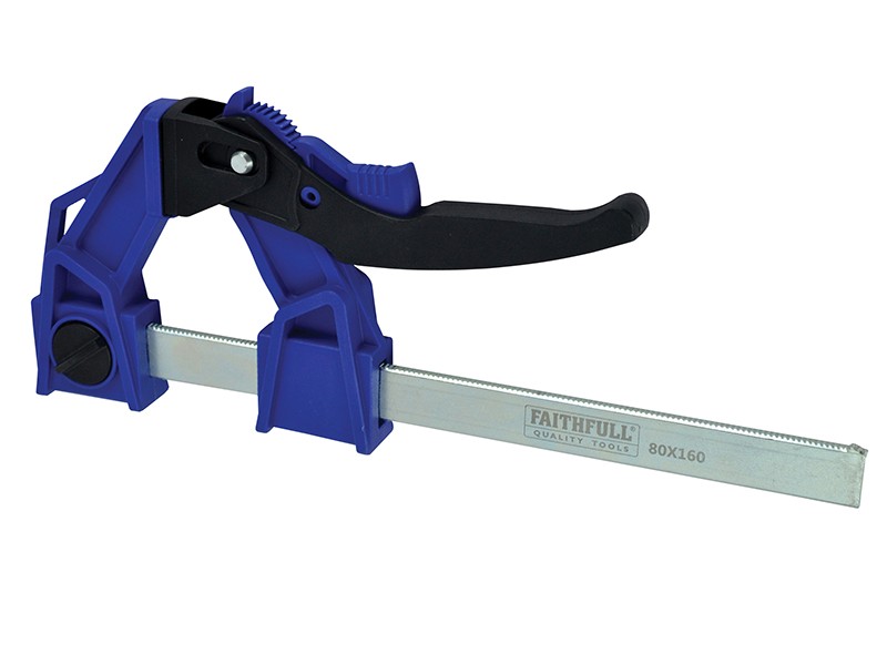 A Faithfull clamp with an adjustable jaw and a screw-tightening mechanism, for holding workpieces in position during cutting, drilling, or bonding.
