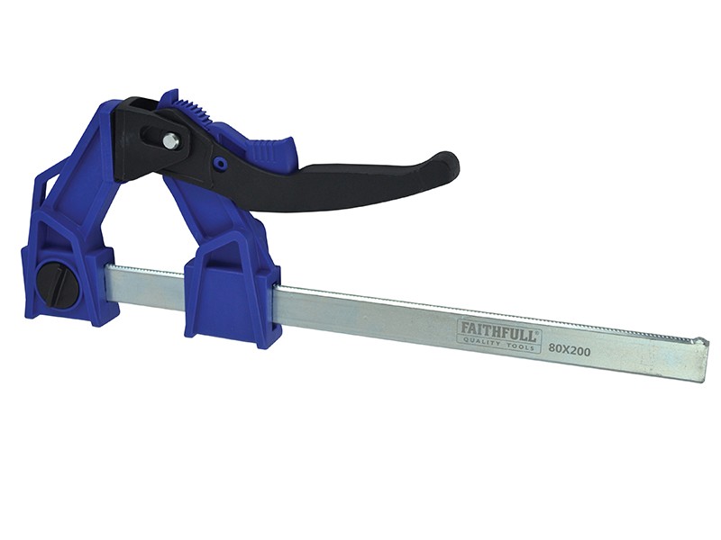 A Faithfull clamp with an adjustable jaw and a screw-tightening mechanism, for holding workpieces in position during cutting, drilling, or bonding.
