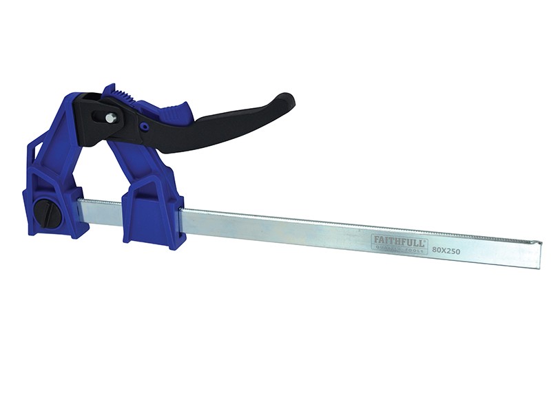 A Faithfull clamp with an adjustable jaw and a screw-tightening mechanism, for holding workpieces in position during cutting, drilling, or bonding.