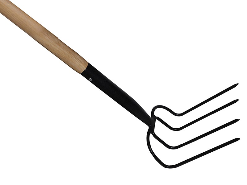 A Faithfull garden fork with four hardened steel tines and a wooden handle, for breaking up soil and lifting root vegetables.