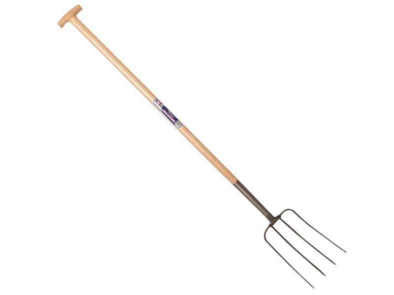 A Faithfull garden fork with four hardened steel tines and a wooden handle, for breaking up soil and lifting root vegetables.