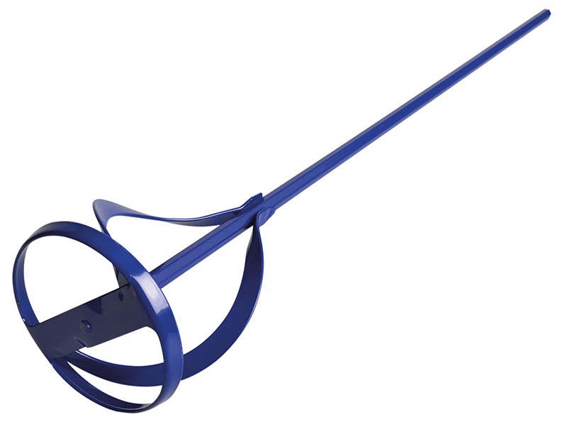 A steel mixing paddle with a twisted blade attachment and hex shank, designed for mixing mortar, adhesive, and render using a power drill.
