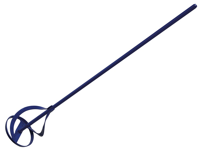 A steel mixing paddle with a twisted blade attachment and hex shank, designed for mixing mortar, adhesive, and render using a power drill.