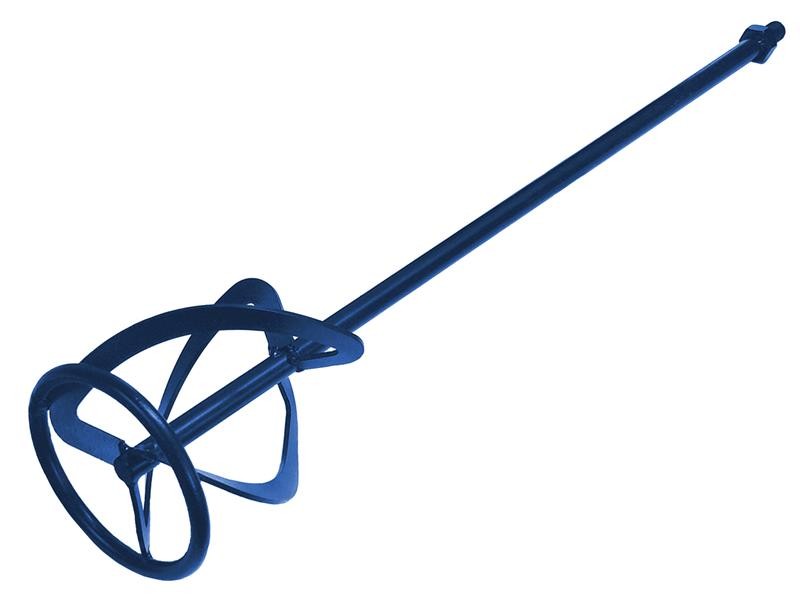 A steel mixing paddle with a twisted blade attachment and hex shank, designed for mixing mortar, adhesive, and render using a power drill.