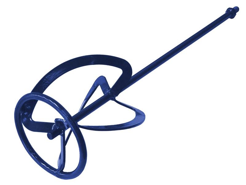 A steel mixing paddle with a twisted blade attachment and hex shank, designed for mixing mortar, adhesive, and render using a power drill.