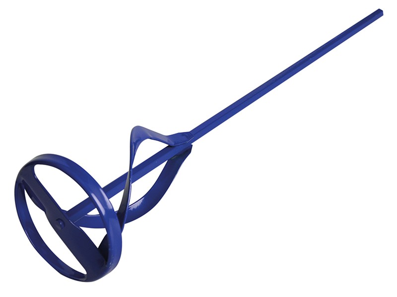 A steel mixing paddle with a twisted blade attachment and hex shank, designed for mixing mortar, adhesive, and render using a power drill.