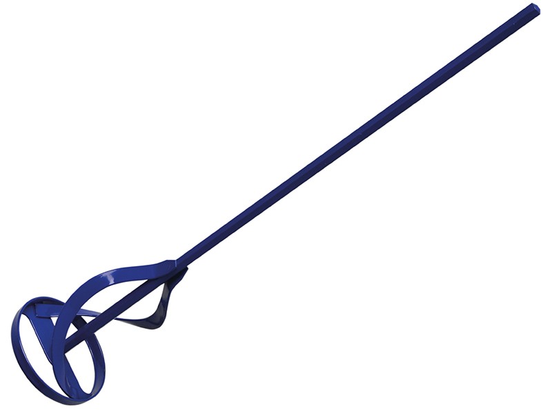 A steel mixing paddle with a twisted blade attachment and hex shank, designed for mixing mortar, adhesive, and render using a power drill.