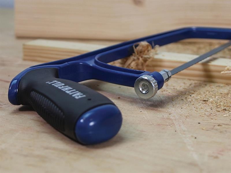 A hacksaw with a metal frame, adjustable blade tension, and a pistol-grip handle, for cutting metal bar, pipe, and conduit.