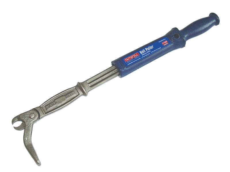 A metal nail puller tool with a blue handle and a labeled sticker, featuring a claw-shaped end for removing nails.