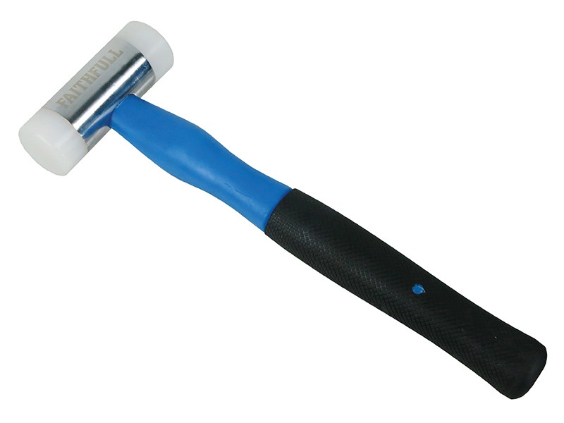 A hammer with a steel head and a steel-handled handle, for general fastening and construction use.