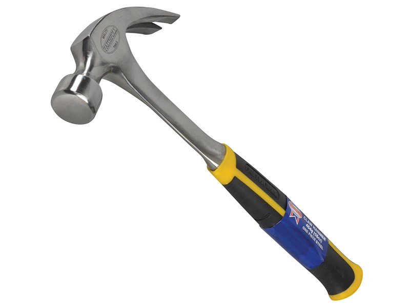 A claw hammer with a steel-handled handle and a polished steel head featuring a straight claw for nail removal and a flat striking face.,