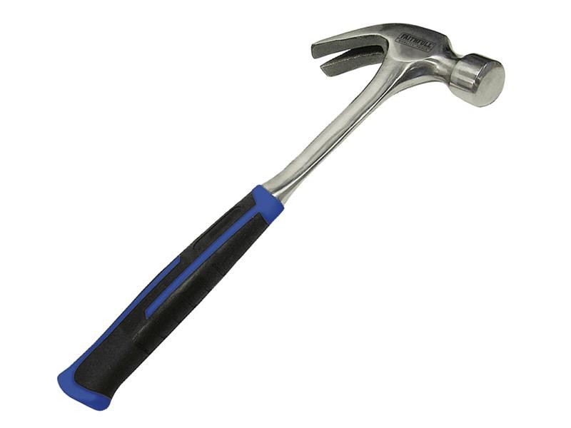 A claw hammer with a steel-handled handle and a polished steel head featuring a straight claw for nail removal and a flat striking face.,