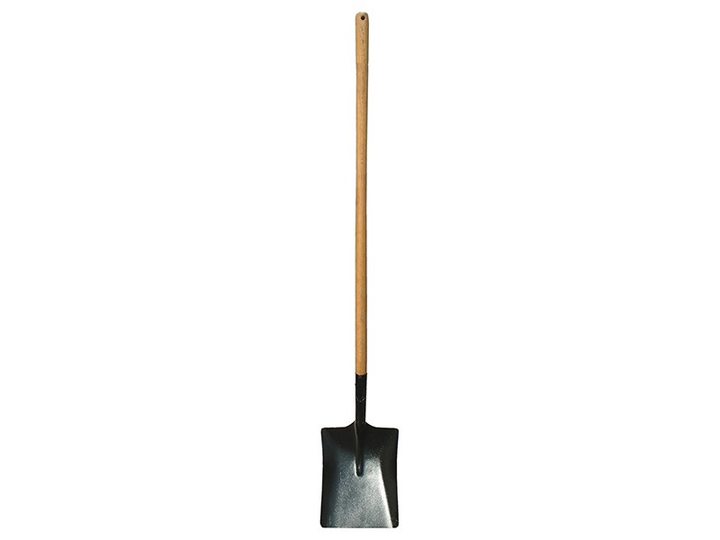 A Faithfull long square-bladed spade with a steel blade and a wooden or fibreglass shaft, for general digging work.