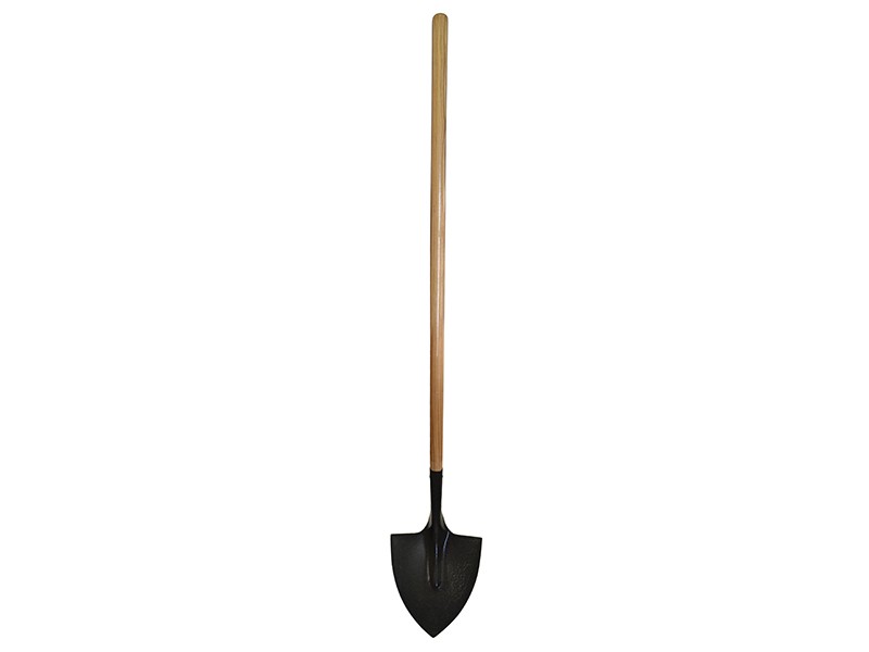 A Faithfull short-handled rounded-bladed spade with a steel blade and a wooden or fibreglass shaft, for general digging work.