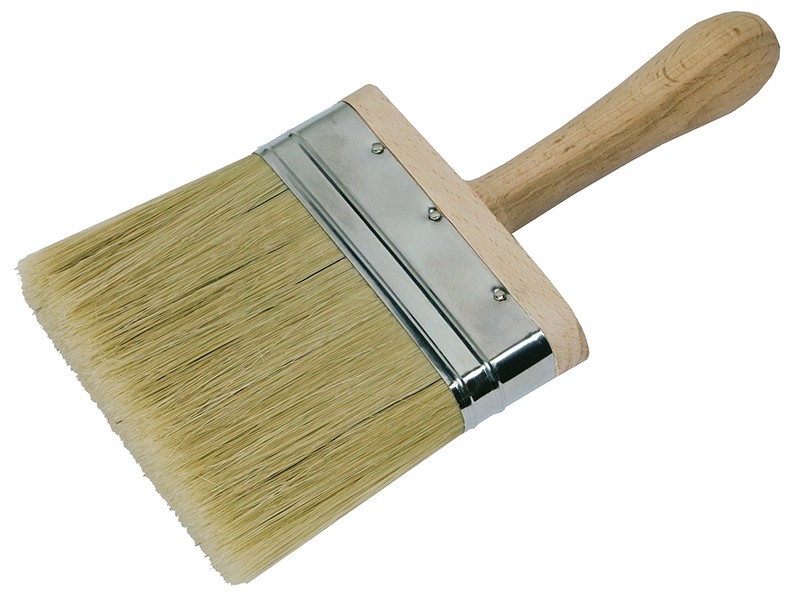 A dust brush with soft synthetic bristles and a wooden handle, for sweeping debris and dust from surfaces.