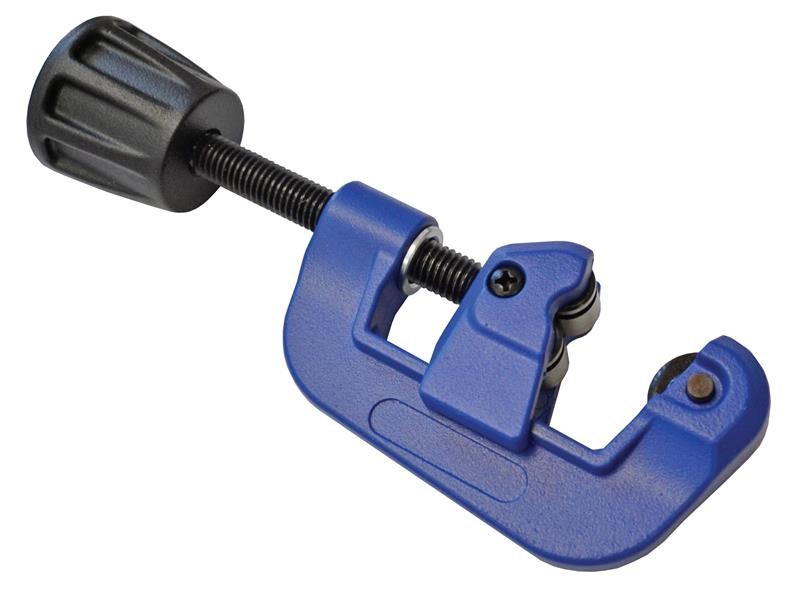 A blue pipe cutter with a black rotating handle, designed for cutting small metal pipes or tubing, shown on a white background.