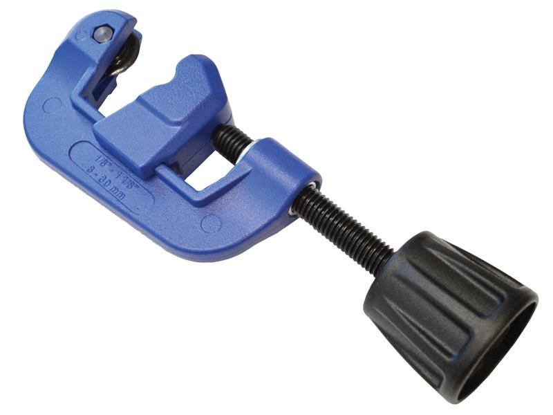 A blue handheld pipe cutter with a black rotating knob, used for cutting metal pipes and tubing. The tool has a sharp cutting wheel and adjustable clamp mechanism.