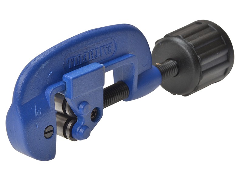 A blue and black pipe cutter tool with a rotating knob handle and a cutting wheel, designed for cutting pipes or tubing.