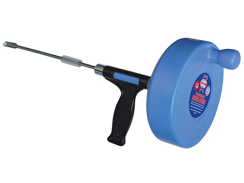 A handheld drain auger with a black handle, a blue drum housing, and a coiled metal cable extending from the front for clearing clogged pipes.