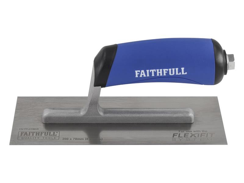 A Faithfull trowel with a polished steel blade and an ergonomic handle, for applying and finishing mortar, plaster, and adhesive.