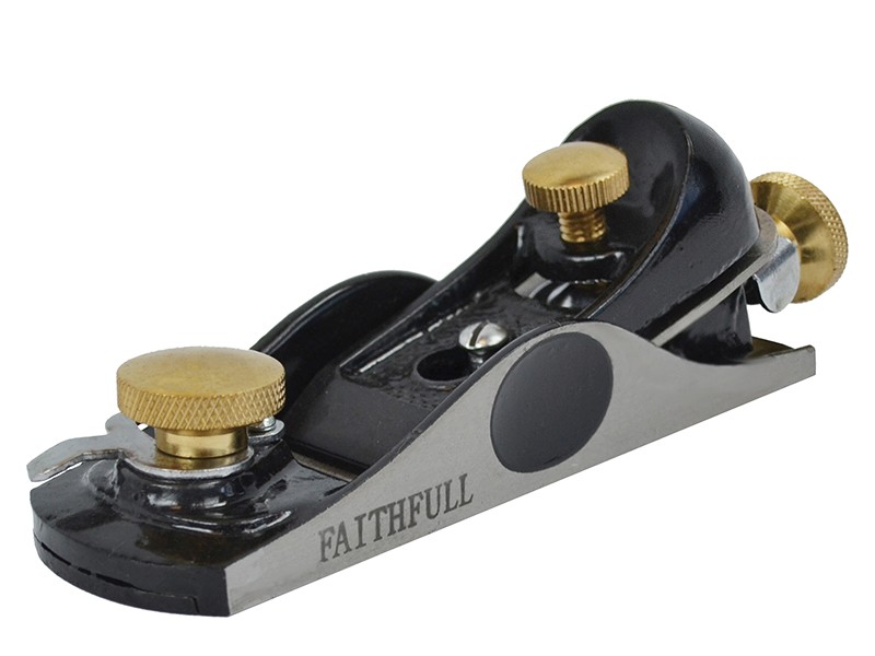 A close-up of a metal hand plane tool with brass adjustment knobs and the word FAITHFULL engraved on the side, used for smoothing and shaping wood surfaces.