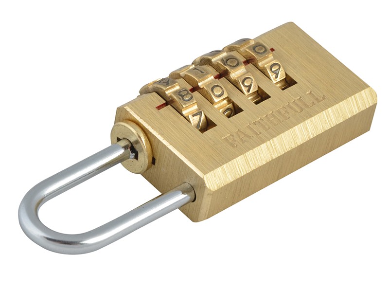 A brass combination padlock with four numbered dials, set to 8079, and the word “FAITHFULL” engraved on the body. The shackle is open.