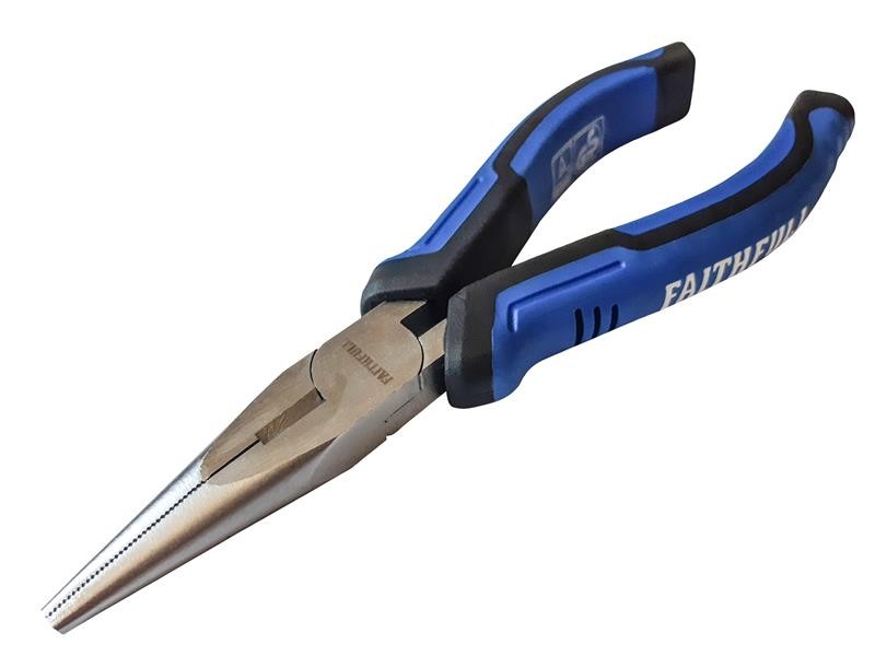 A pair of Faithfull long-nose pliers with narrow tapered jaws and a side-wire cutter, for working in confined spaces.