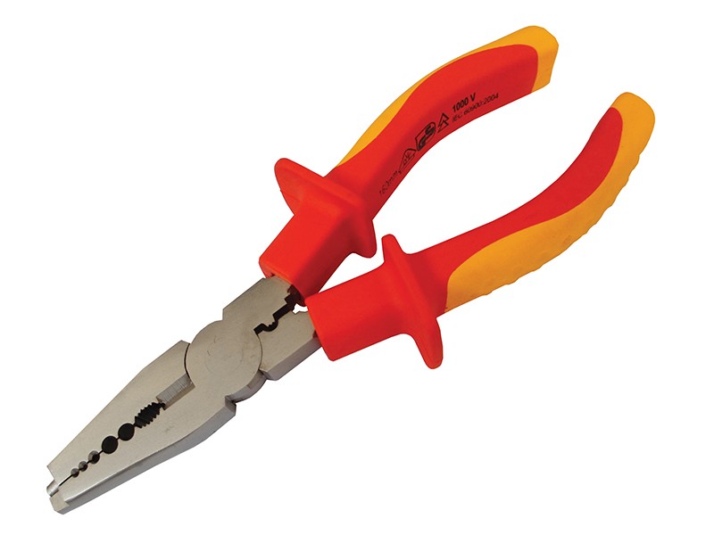 A pair of Faithfull pliers with hardened steel jaws and insulated handles, for gripping and bending work.