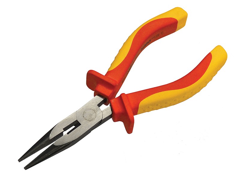 A pair of Faithfull long-nose pliers with narrow tapered jaws and a side-wire cutter, for working in confined spaces.