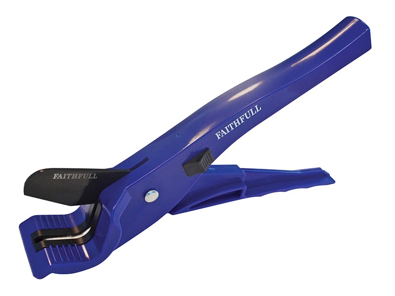 A blue plastic pipe cutter tool with a curved handle and a sharp black blade, labeled FAITHFULL in white text on the handle and blade.