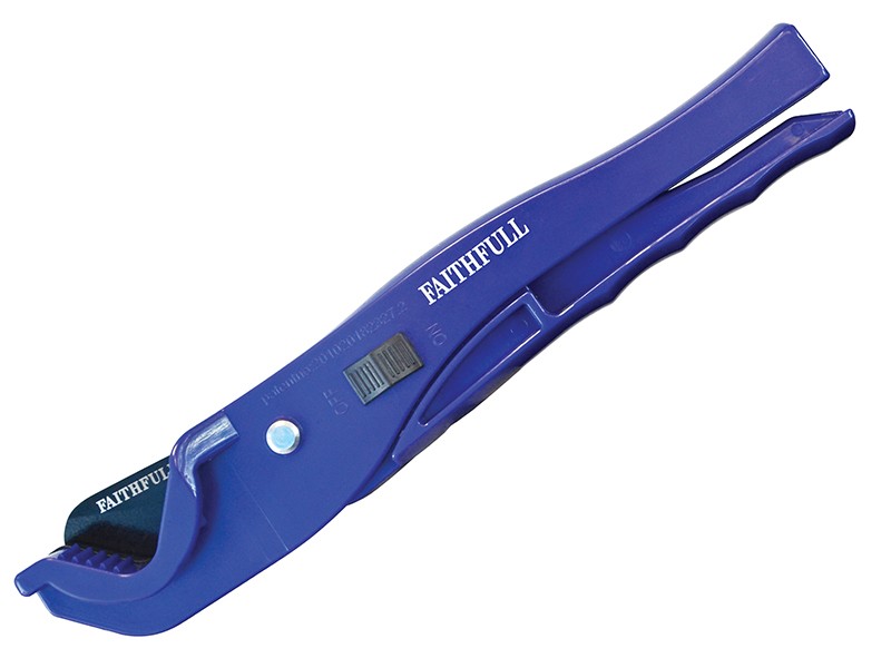A blue plastic pipe cutter tool with a curved blade and handles, labeled FAITHFULL, designed for cutting pipes or tubing.