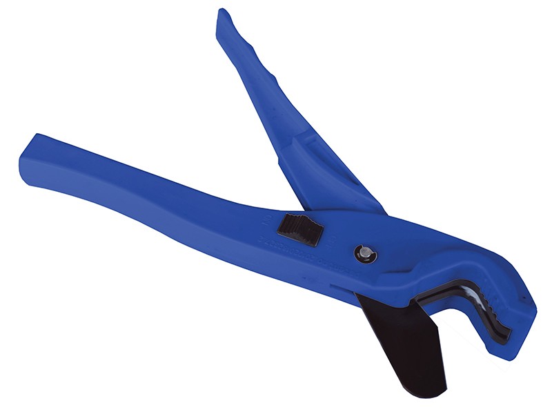 Blue plastic pipe cutter with a black cutting blade and a handle, shown against a white background. The tool is open, displaying its serrated gripping mechanism and lever.