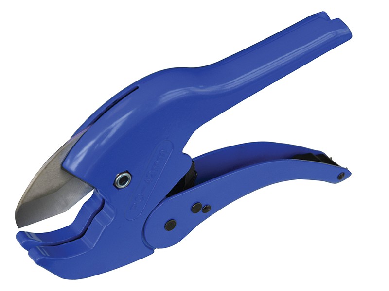 A blue plastic pipe cutter with a curved, sharp metal blade and ergonomic handle, shown in an open position on a white background.