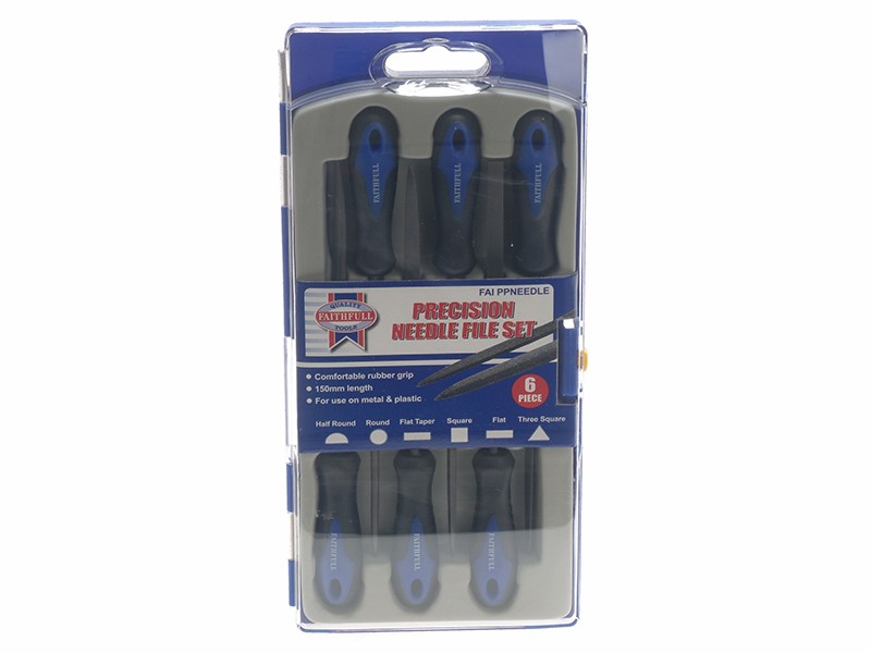 A Faithfull needle file with a hardened steel abrasive surface and a turned wooden or synthetic handle, for shaping and deburring metal.