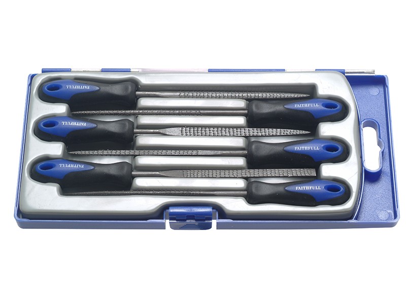 A Faithfull needle file with a hardened steel abrasive surface and a turned wooden or synthetic handle, for shaping and deburring metal.